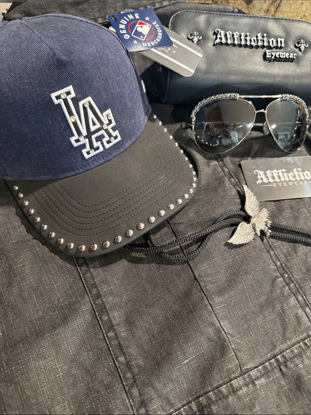 LA Embroidered Navy & Black Studded Baseball Cap